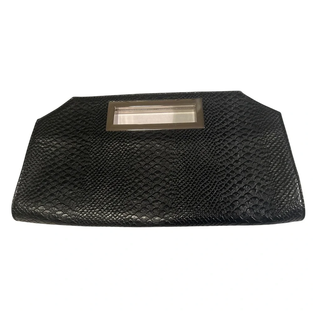 Express Black Faux Leather Snakeskin Clutch‎ Handbag Silver Handle Magnetic Y2K